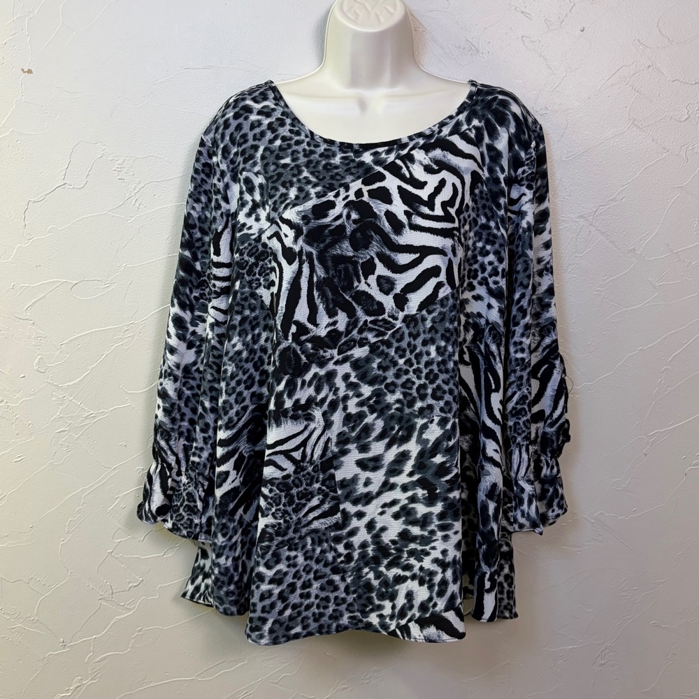 Est 1946 Animal Print Blouse Womens XL Mixed‎ Leopard Zebra Ruffle Sleeve